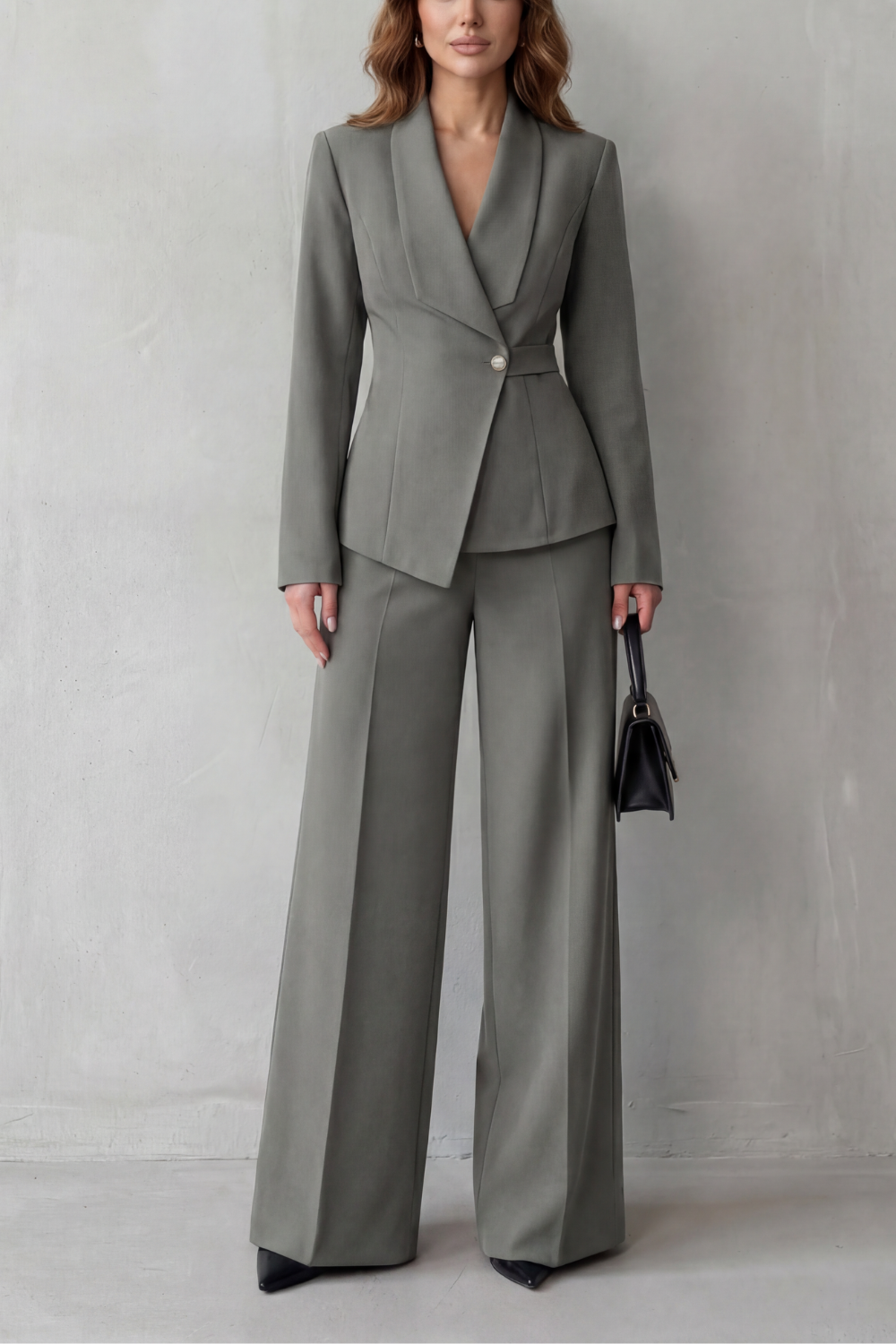 Valderie sculpted waist blazer and wide-leg pant suit set view 12