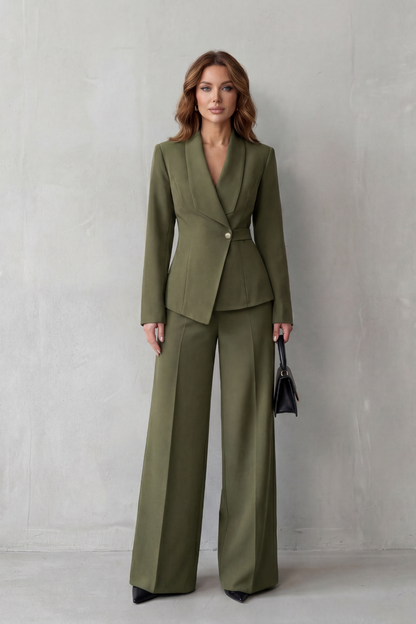 Valderie sculpted waist blazer and wide-leg pant suit set view 9