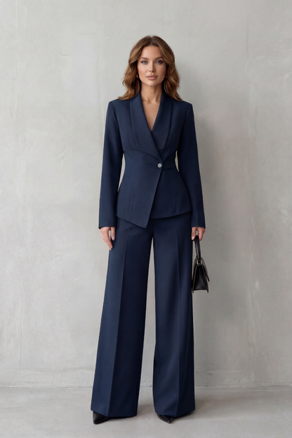 Valderie sculpted waist blazer and wide-leg pant suit set view 13