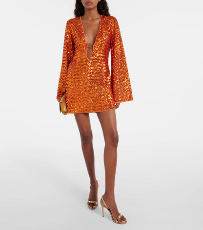 Sabrina sequin V-neck long sleeve mini dress front view