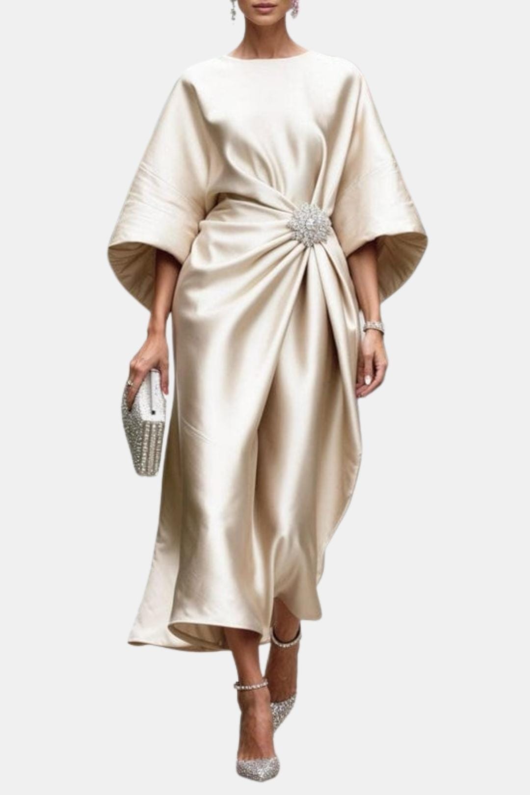Amelia | Satin Cape Sleeve Formal Maxi Dress
