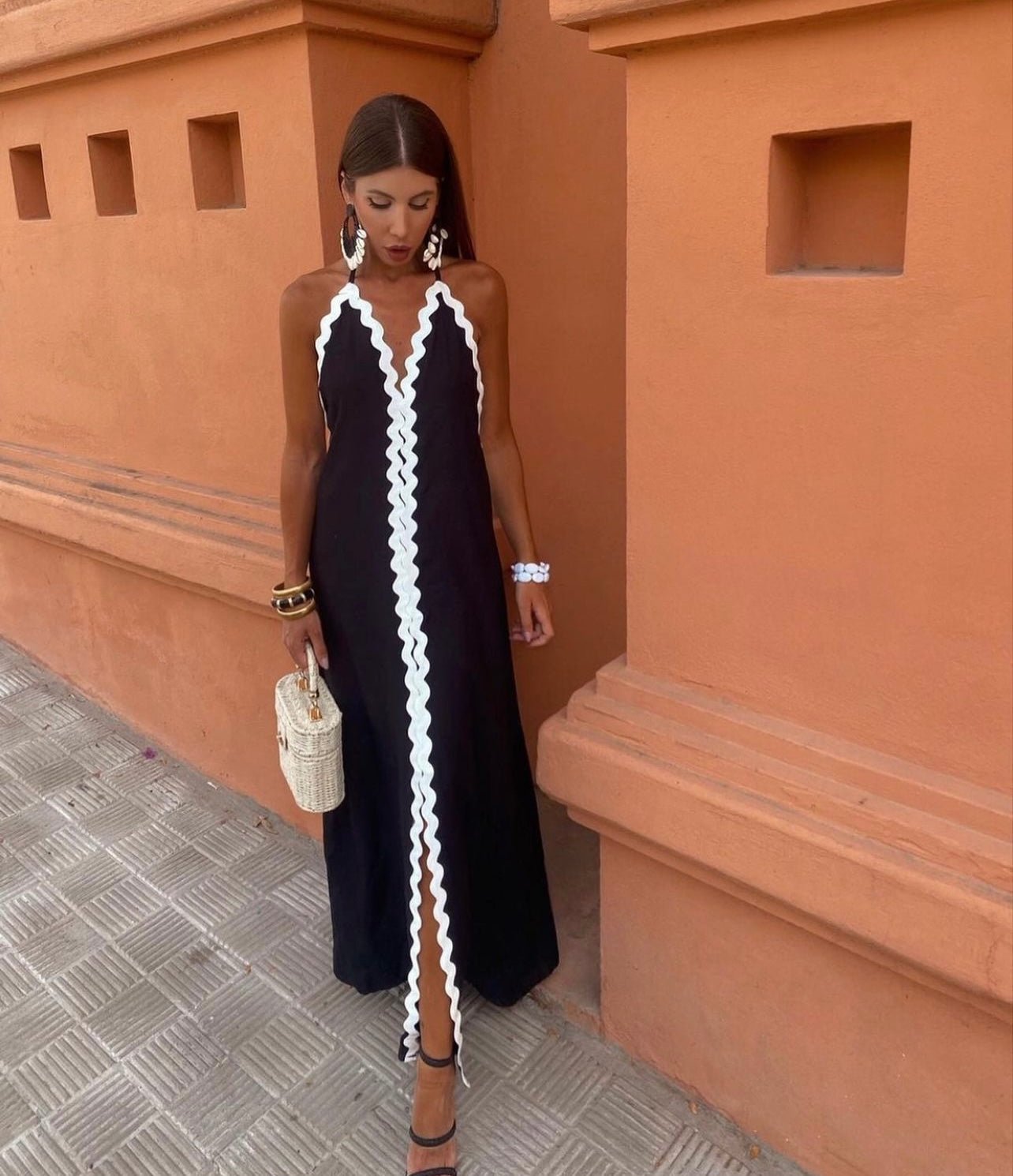 Wrap maxi dress in black, front view