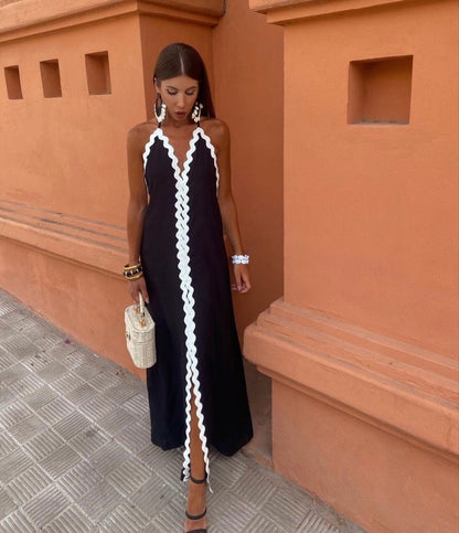 Wrap maxi dress in black, front view