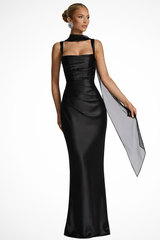Square neck ruched satin maxi dress in black, front view