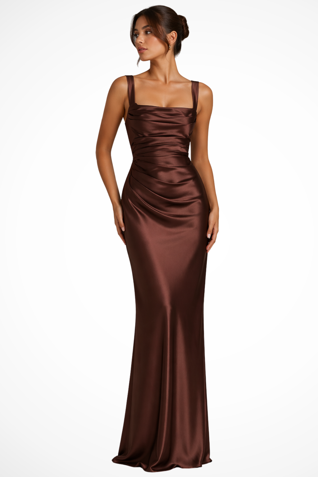 Square neckline satin maxi dress, side view