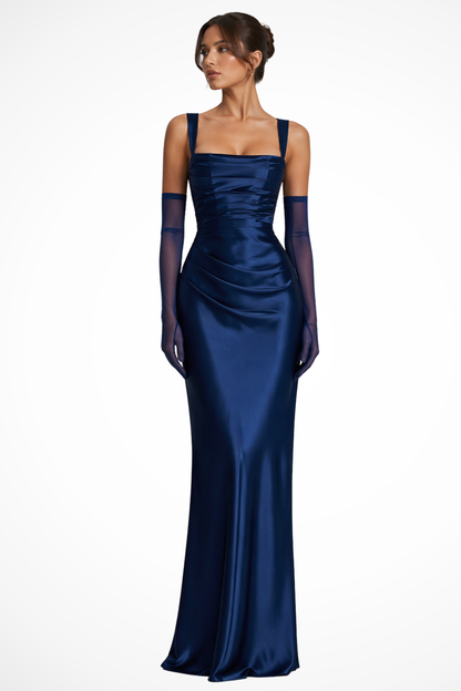 Ruched satin maxi dress in black, back view