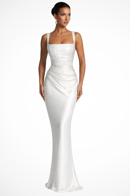 Square neck ruched satin maxi dress, detail view