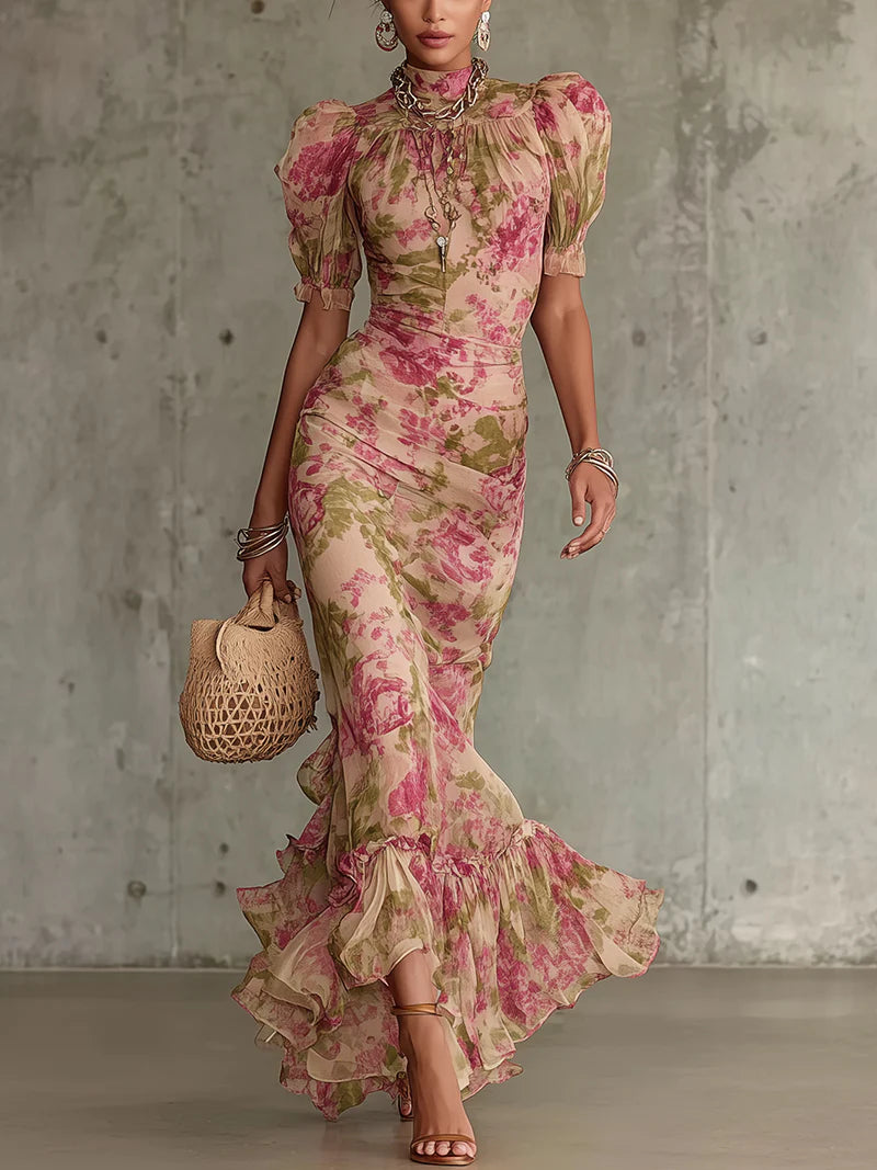Pearl | High Neck Puff Sleeve Vintage Floral Maxi Dress