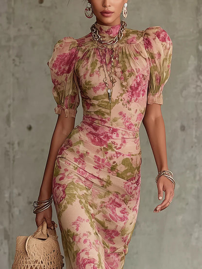 Pearl | High Neck Puff Sleeve Vintage Floral Maxi Dress