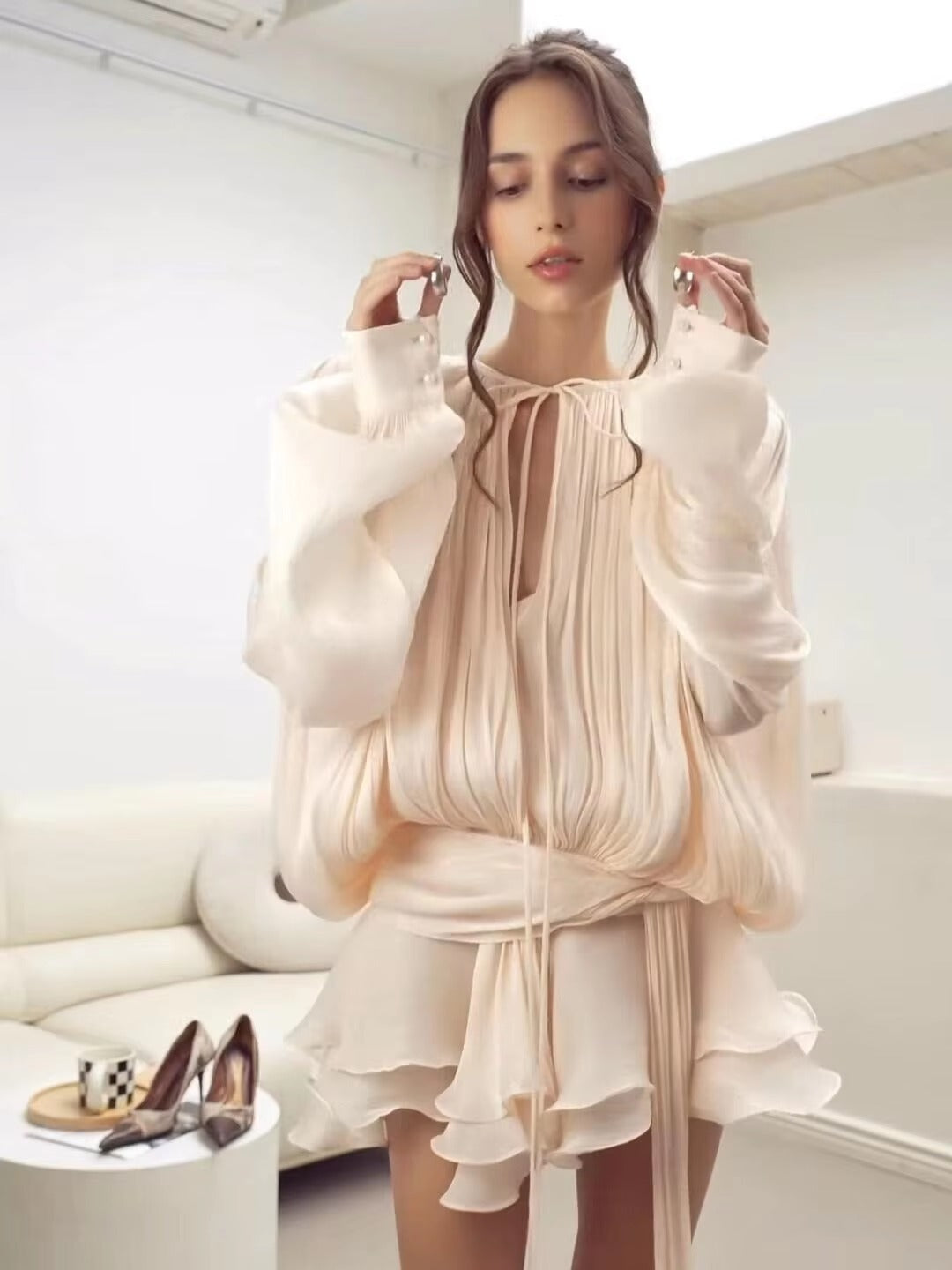 Aurelie V-neck puff sleeve mini dress front view