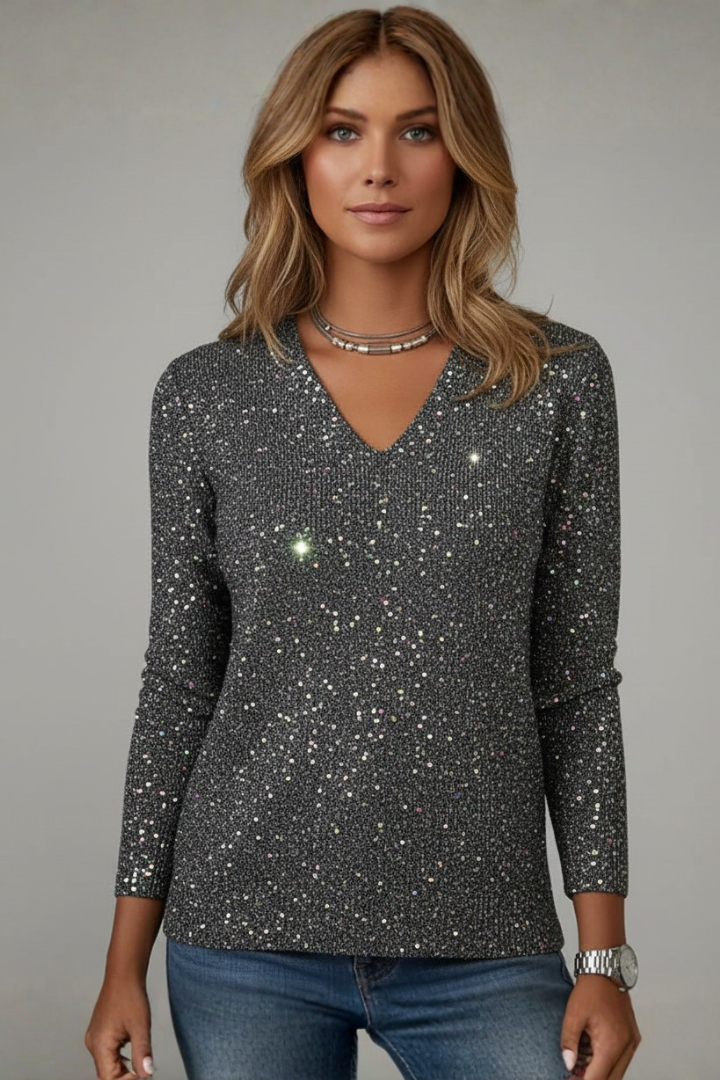 Faustine sequin V-neck holiday party sweater view 7