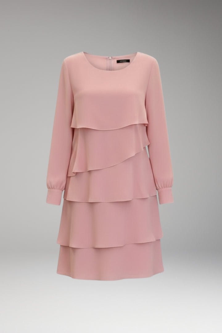 Tiered long-sleeve midi dress showing layered skirt