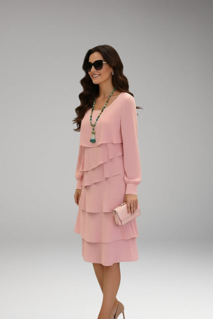 Long sleeve midi dress styled for autumn occasion