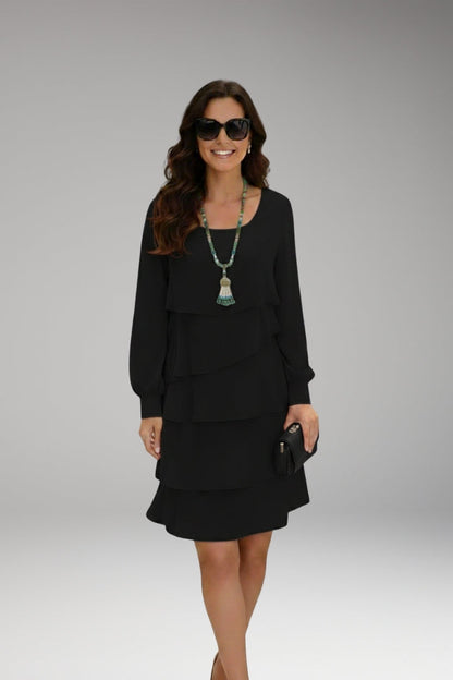 Long-sleeve tiered midi dress, side view