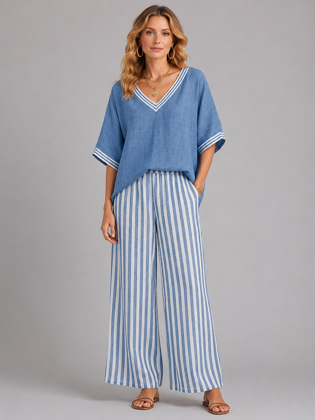 Mona women's linen-look striped two-piece set