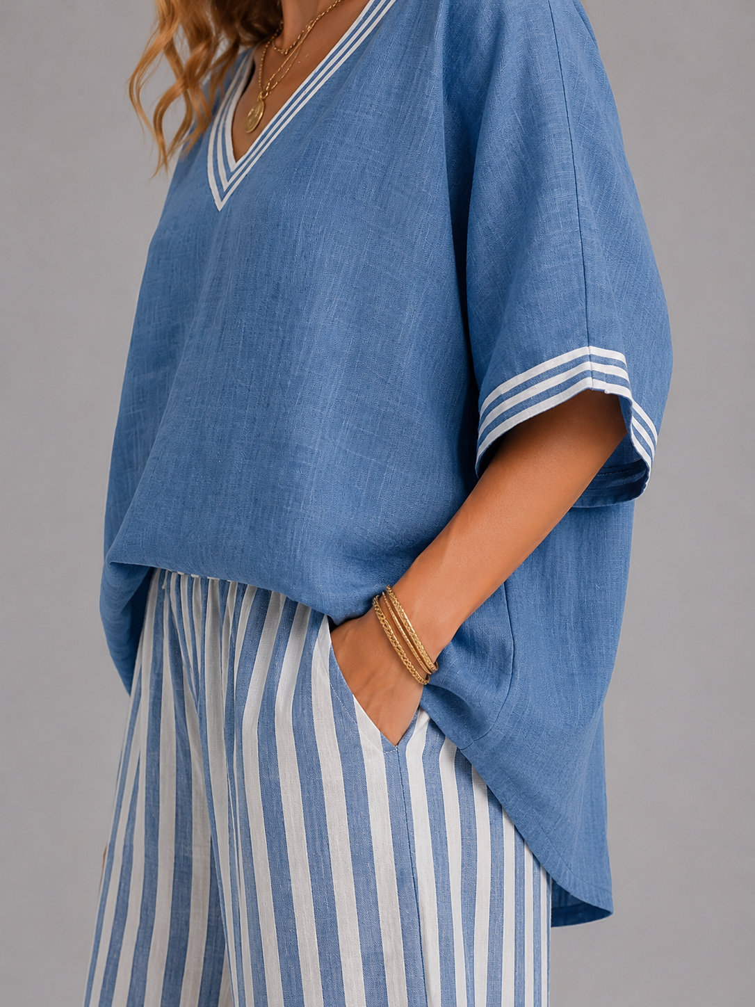 Mona women's linen-look striped two-piece set