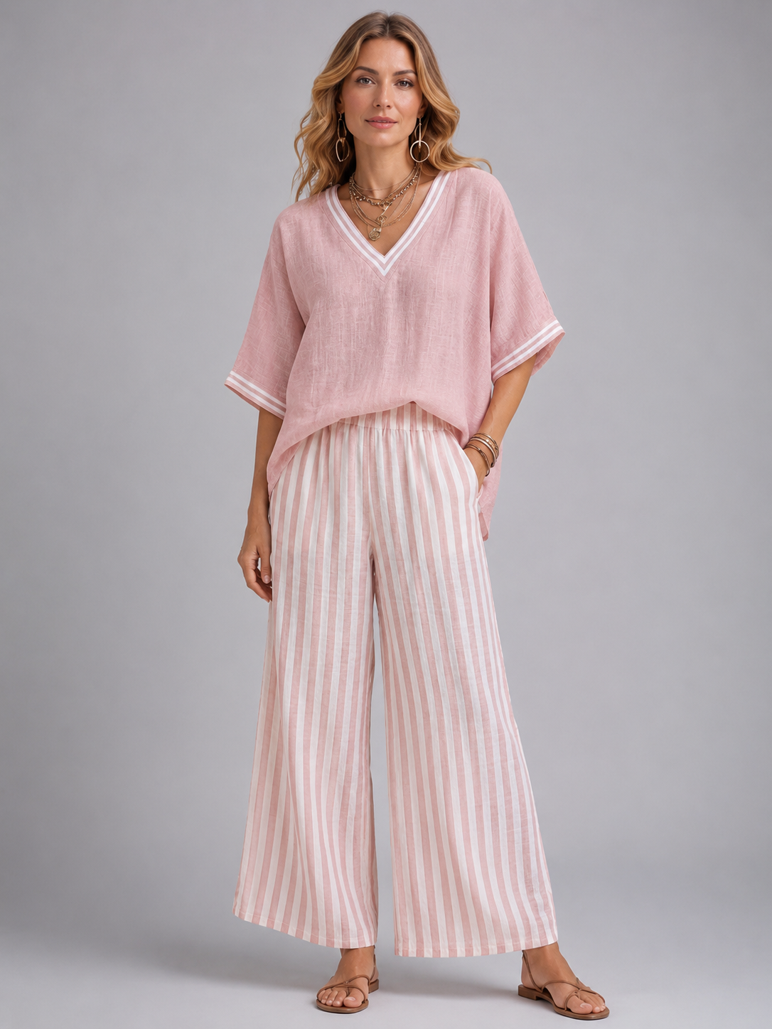 Mona women's linen-look striped two-piece set