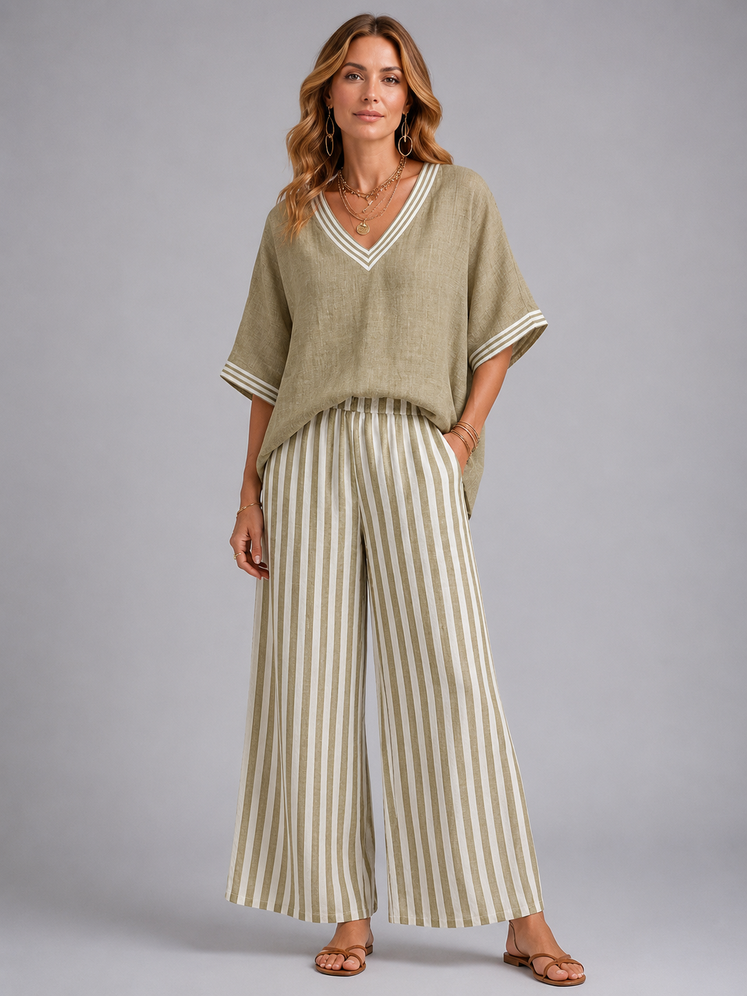 Mona women's linen-look striped two-piece set