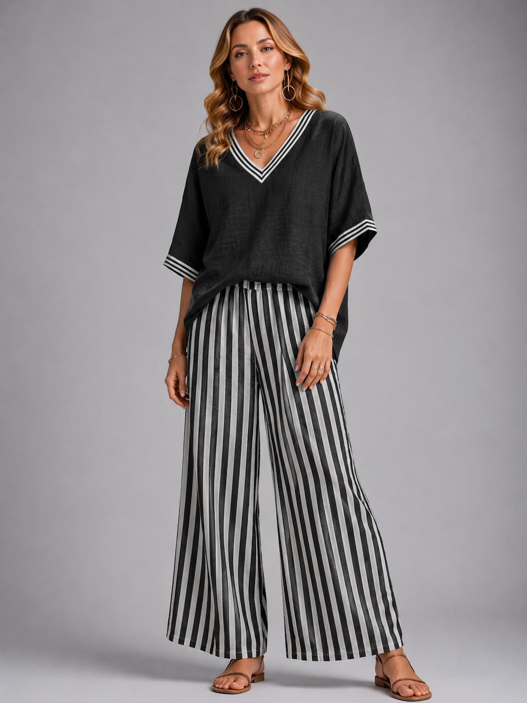 Mona women's linen-look striped two-piece set
