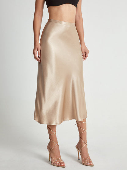 Elegant high-waisted midi skirt showing drape