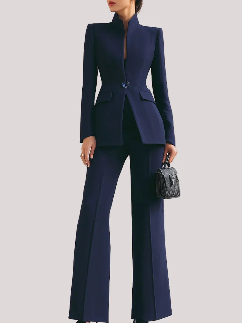 Longline blazer and flared trouser suit set in blue, front view