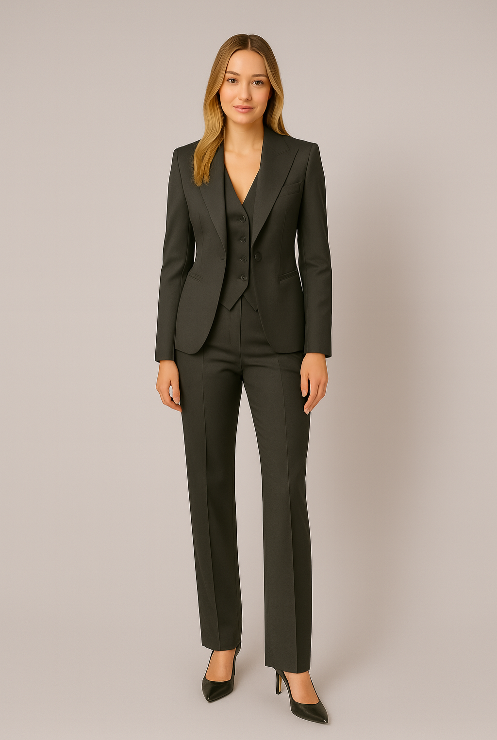 Black three-piece suit showing slim-fit trousers