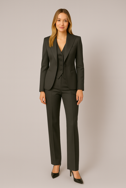 Black three-piece suit showing slim-fit trousers