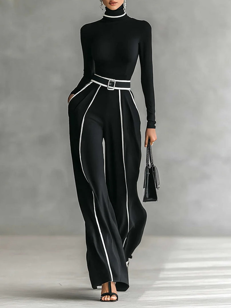 High-neck top and wide-leg pants set