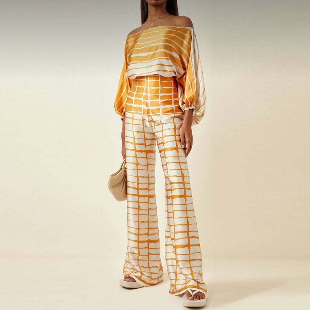 Soraya | One Shoulder Satin Top & Wide Leg Pants Set
