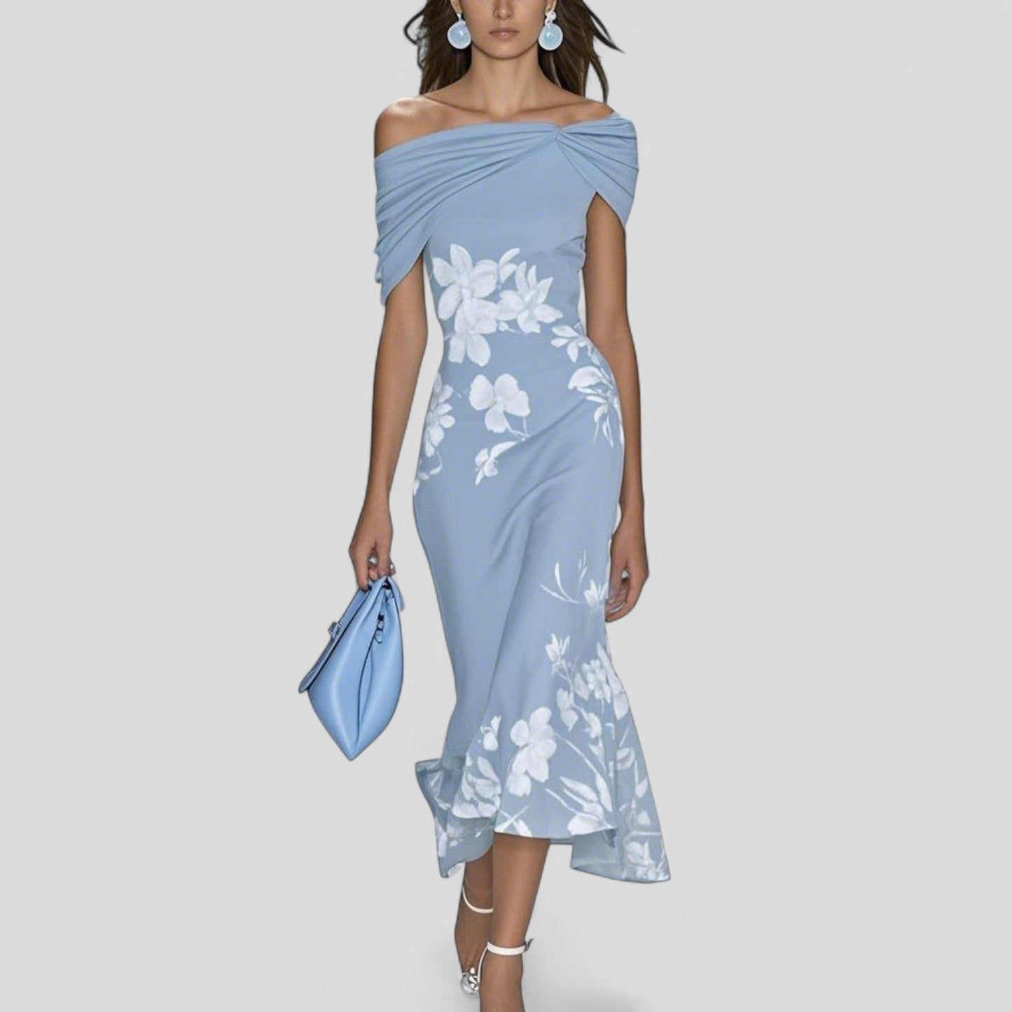 Virelle | Floral Off-Shoulder Midi Wedding Guest Dress