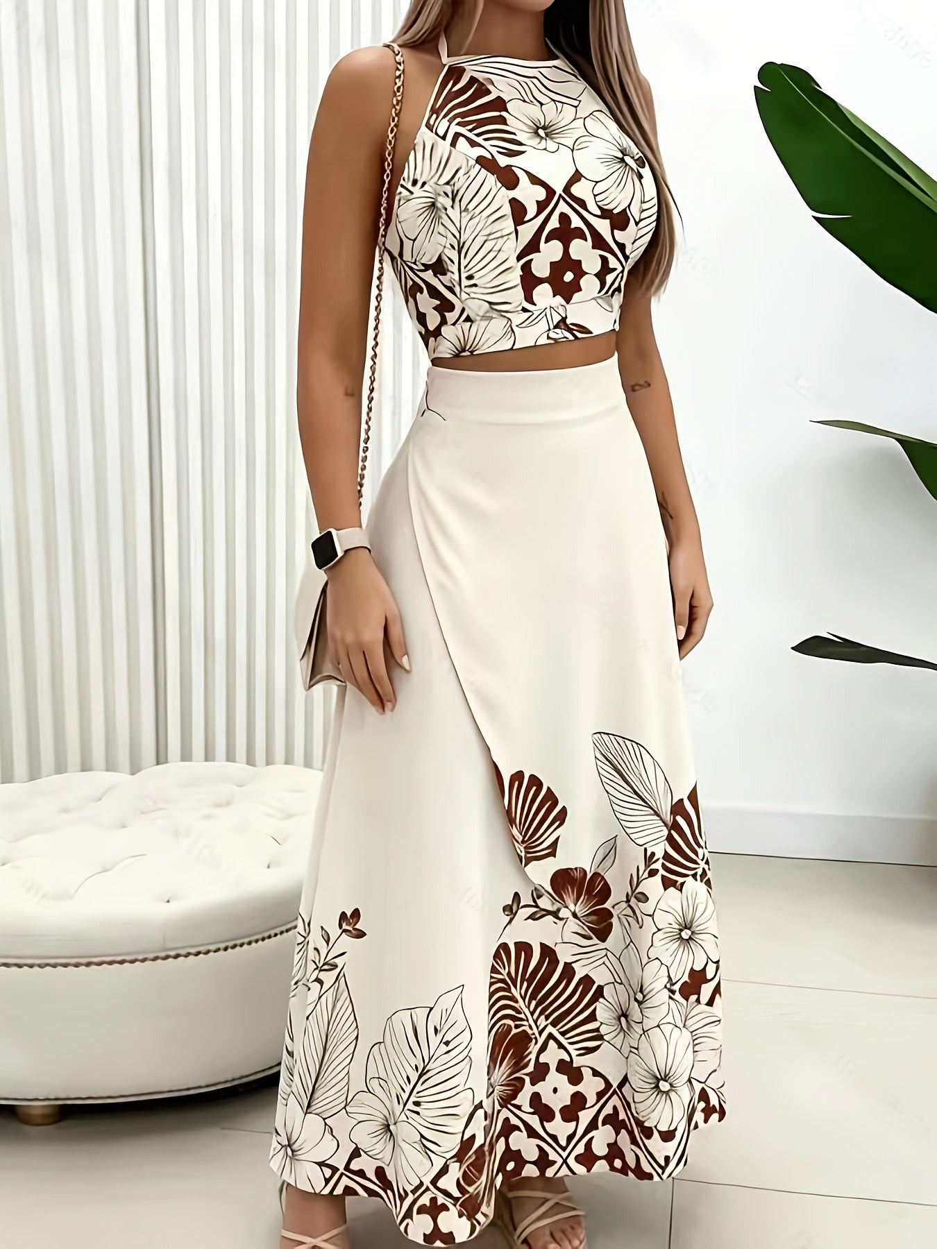 Halter top and high-waist skirt set, detail view
