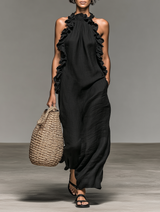 Linen ruffle sleeveless maxi dress in black, front view