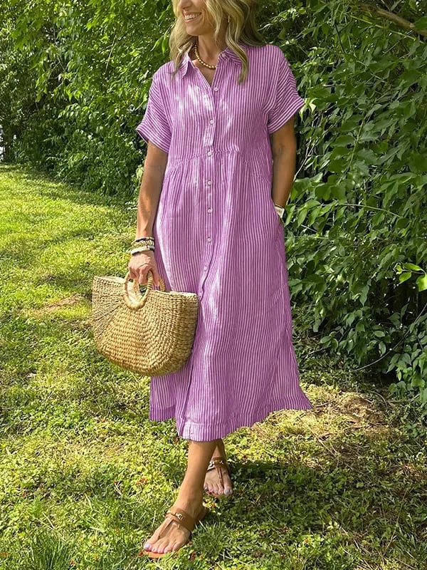 Striped collared midi shirt dress