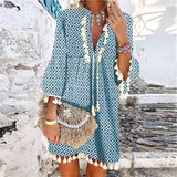V-neck boho mini dress in blue, front view