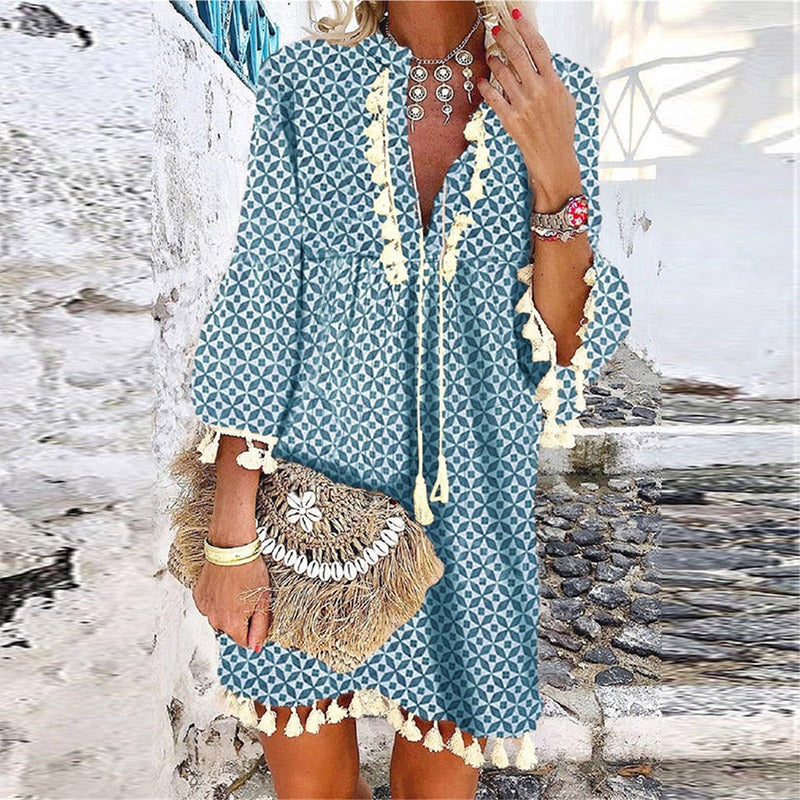 V-neck boho mini dress in blue, front view
