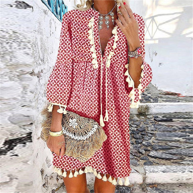 V-neck boho mini dress in brown colourway