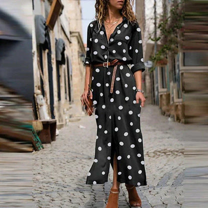 Polka dot maxi shirt dress front view