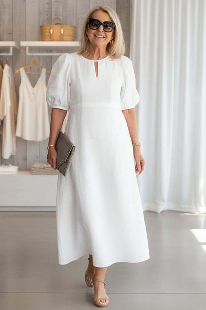Puff sleeve keyhole midi dress, front view