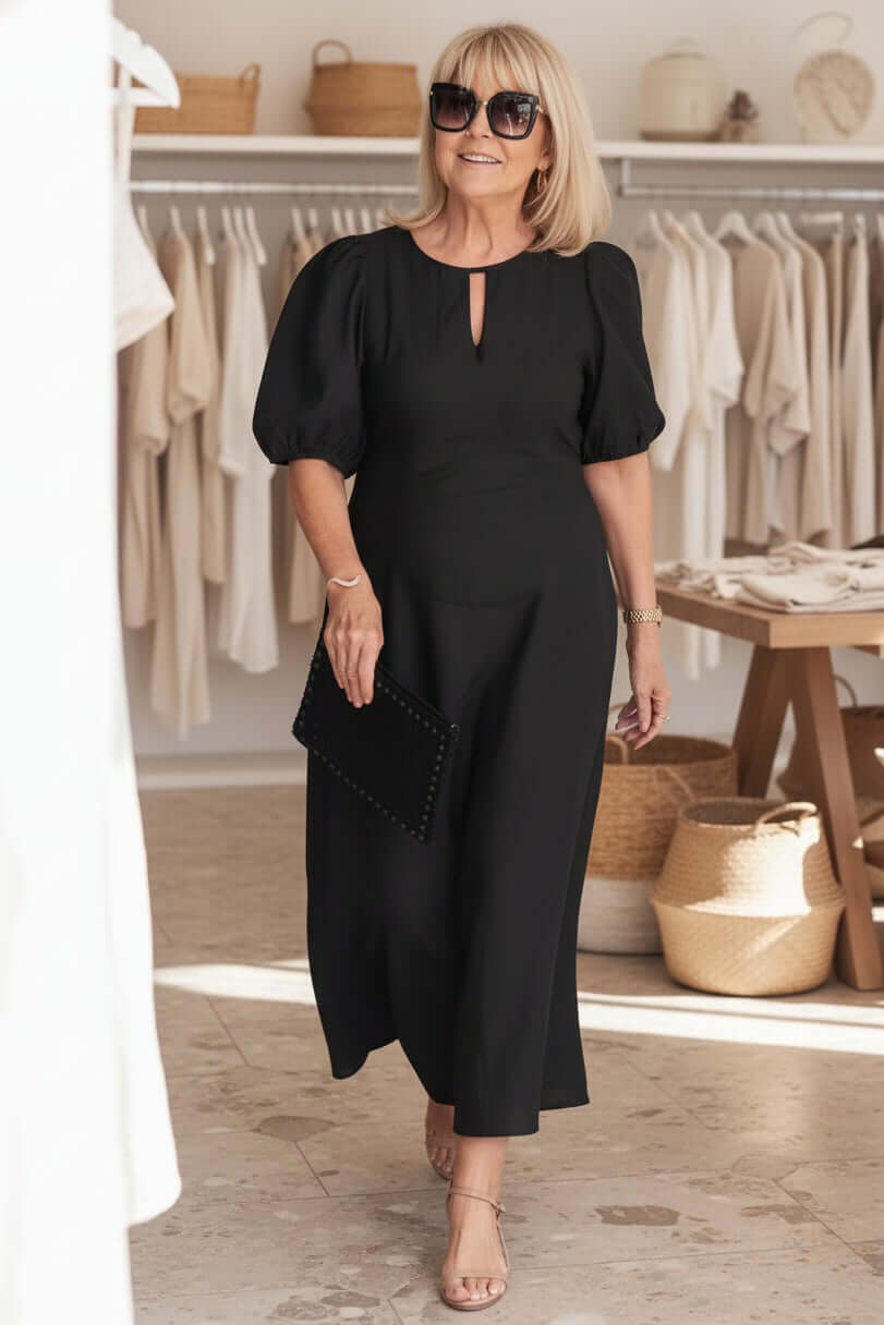 Midi dress showing keyhole neckline detail