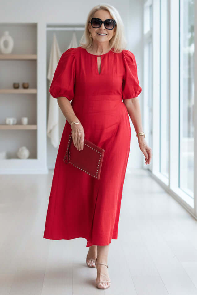Puff sleeve midi dress with A-line skirt, side view