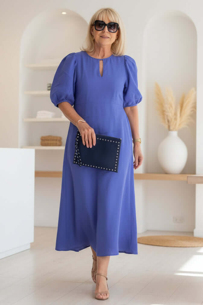 Keyhole neck midi dress showing concealed back zip