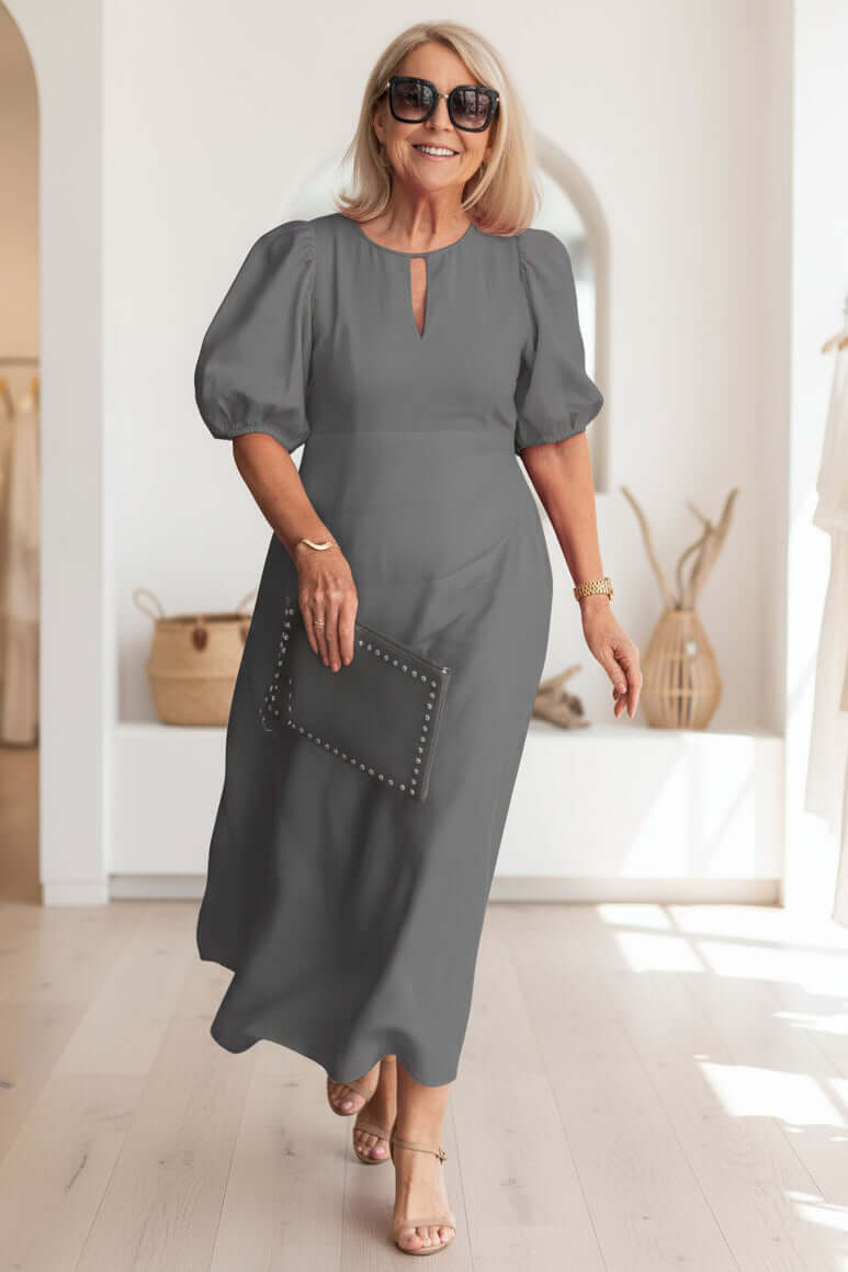 Puff sleeve keyhole midi dress, detail view
