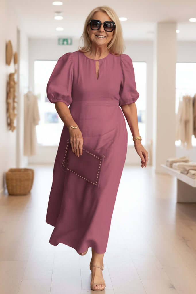 Puff sleeve keyhole midi dress, full-length view