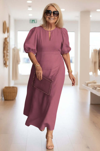 Puff sleeve keyhole midi dress, full-length view