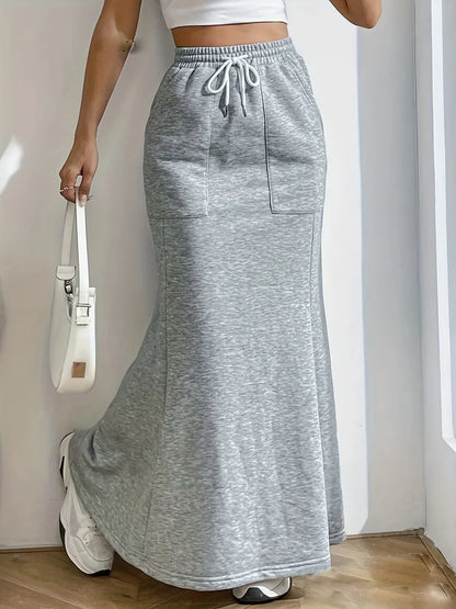 Alma knit drawstring mermaid hem maxi skirt, front view
