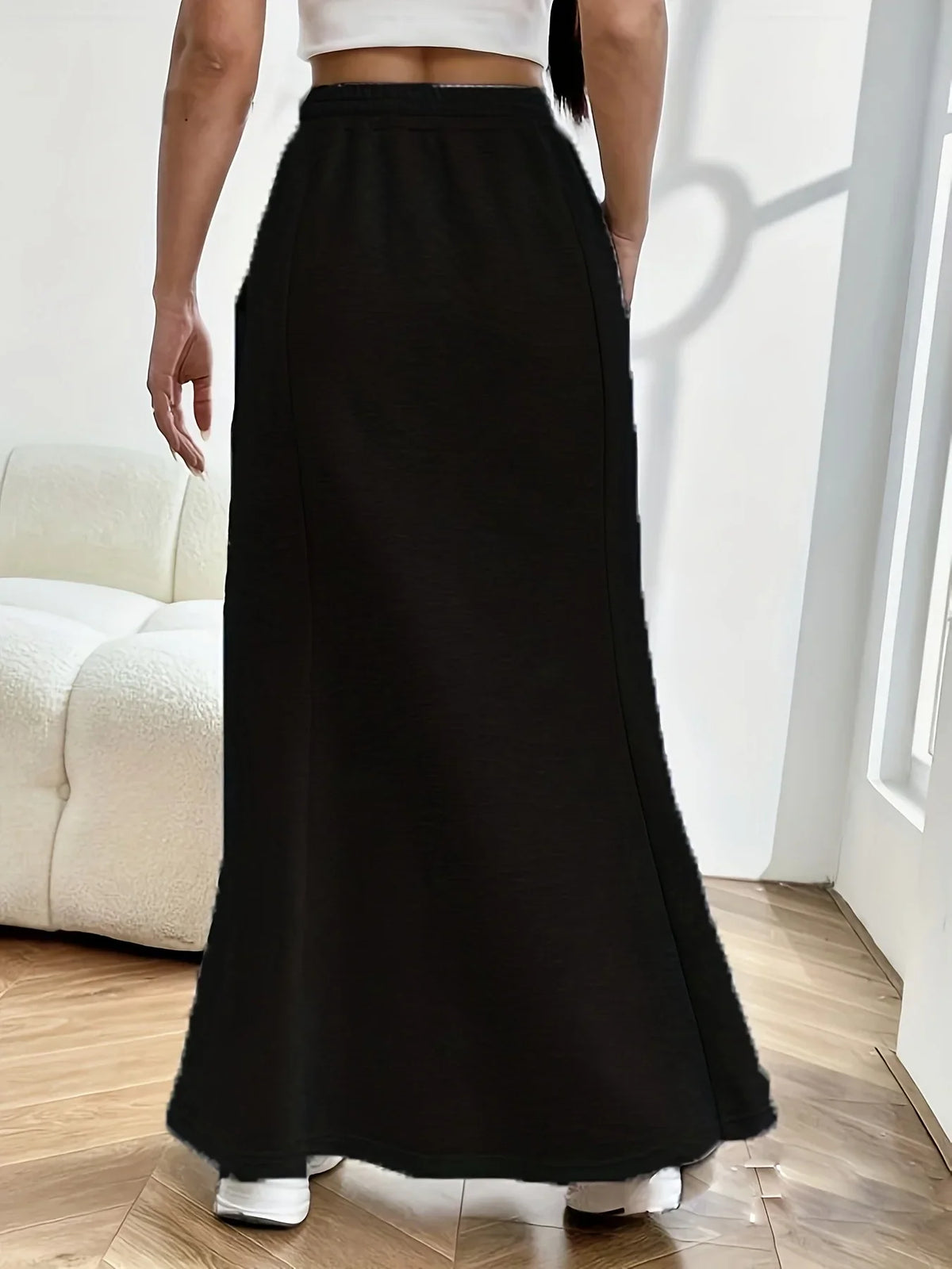 Knit drawstring mermaid hem maxi skirt, back view