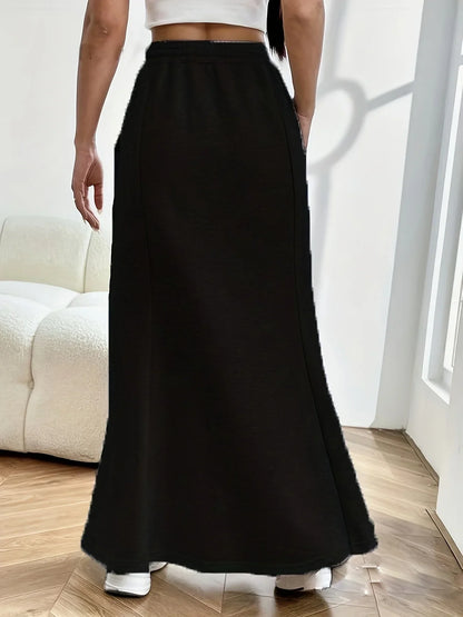 Knit drawstring mermaid hem maxi skirt, back view