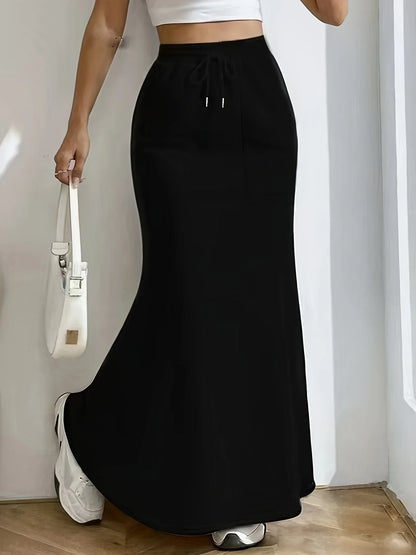 Knit drawstring mermaid hem maxi skirt, detail of the waistband