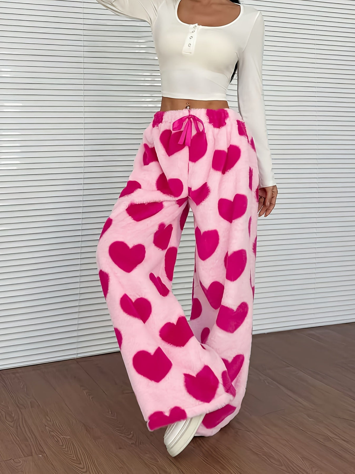 Lowri heart-print wide-leg fleece lounge pants, view 3