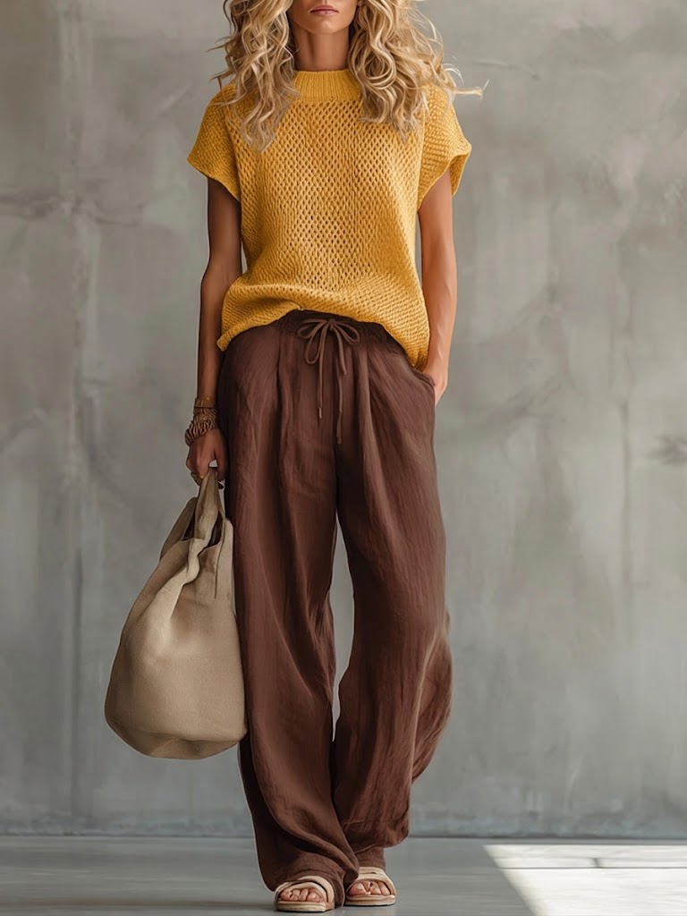 Relaxed knit top and trouser set for women view 3